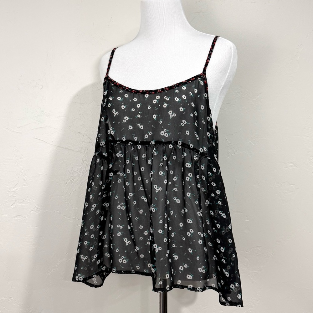 Vintage Floral Babydoll Cami Tank Lrg Sheer Y2K Flowy Dark Feminine Fairy Flowy